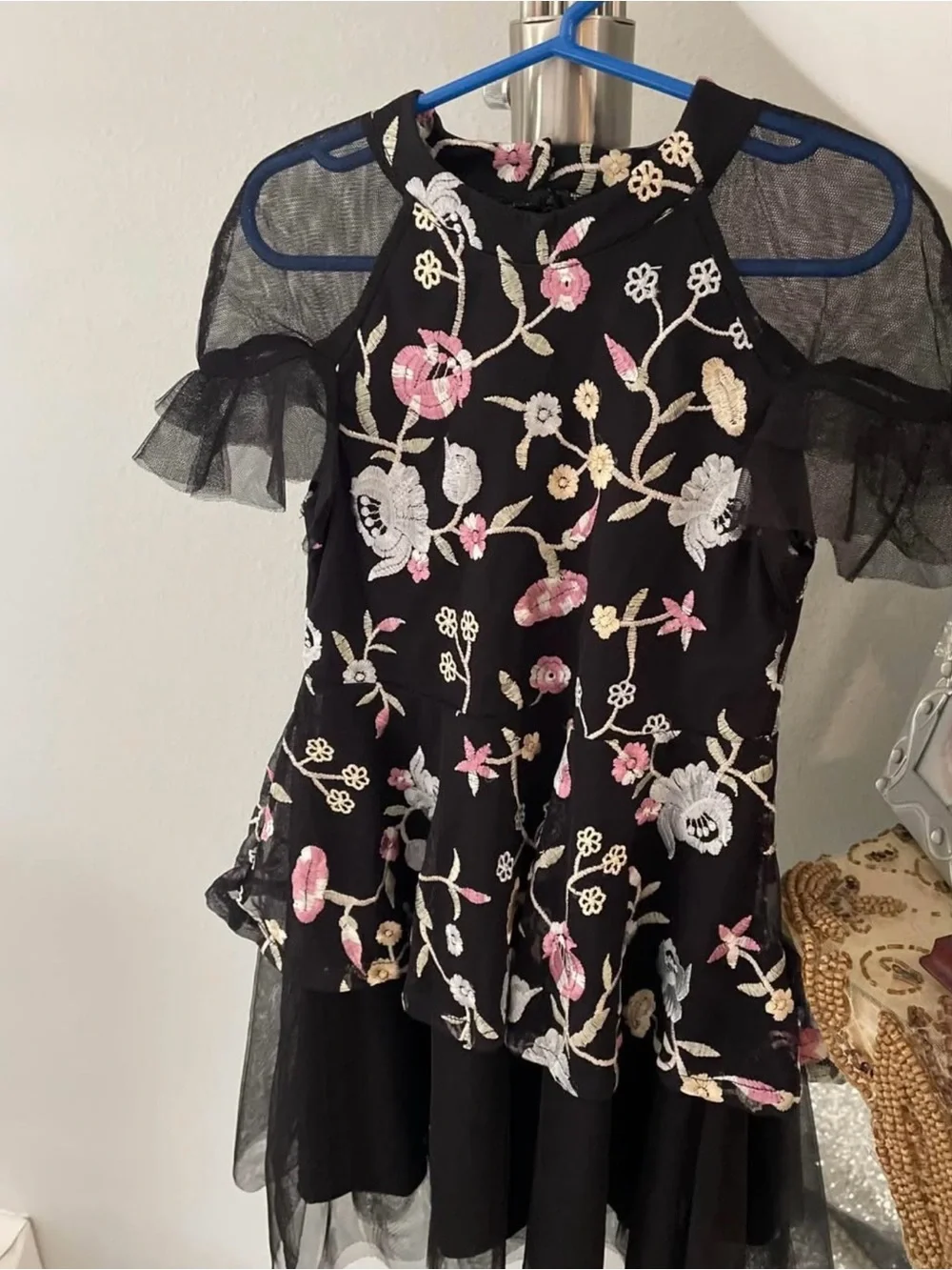 Pippa & Julie Black Floral Embroidered Cold-Shoulder Peplum Dress